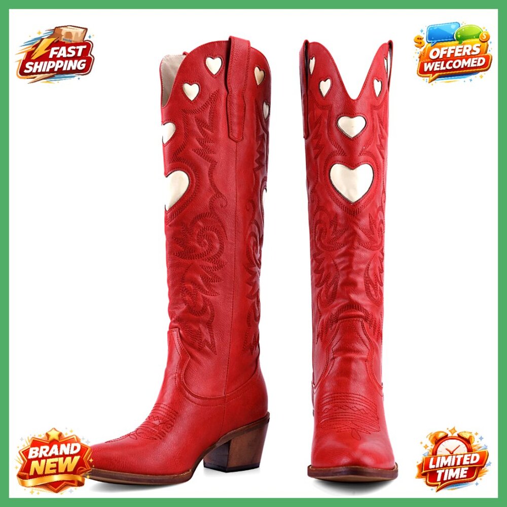 Women's Knee High Cowboy Boots Chunky Heel Round Toe Embroidered Western Pull On